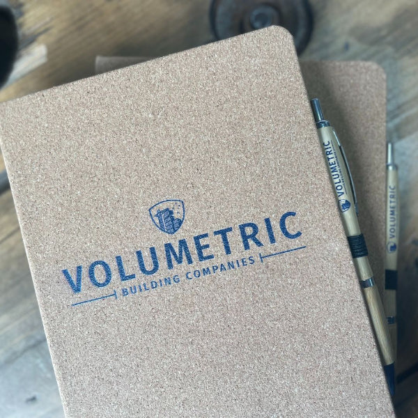 Cork Notebook with a UV printed logo, with a black elastic band and a pen holder.