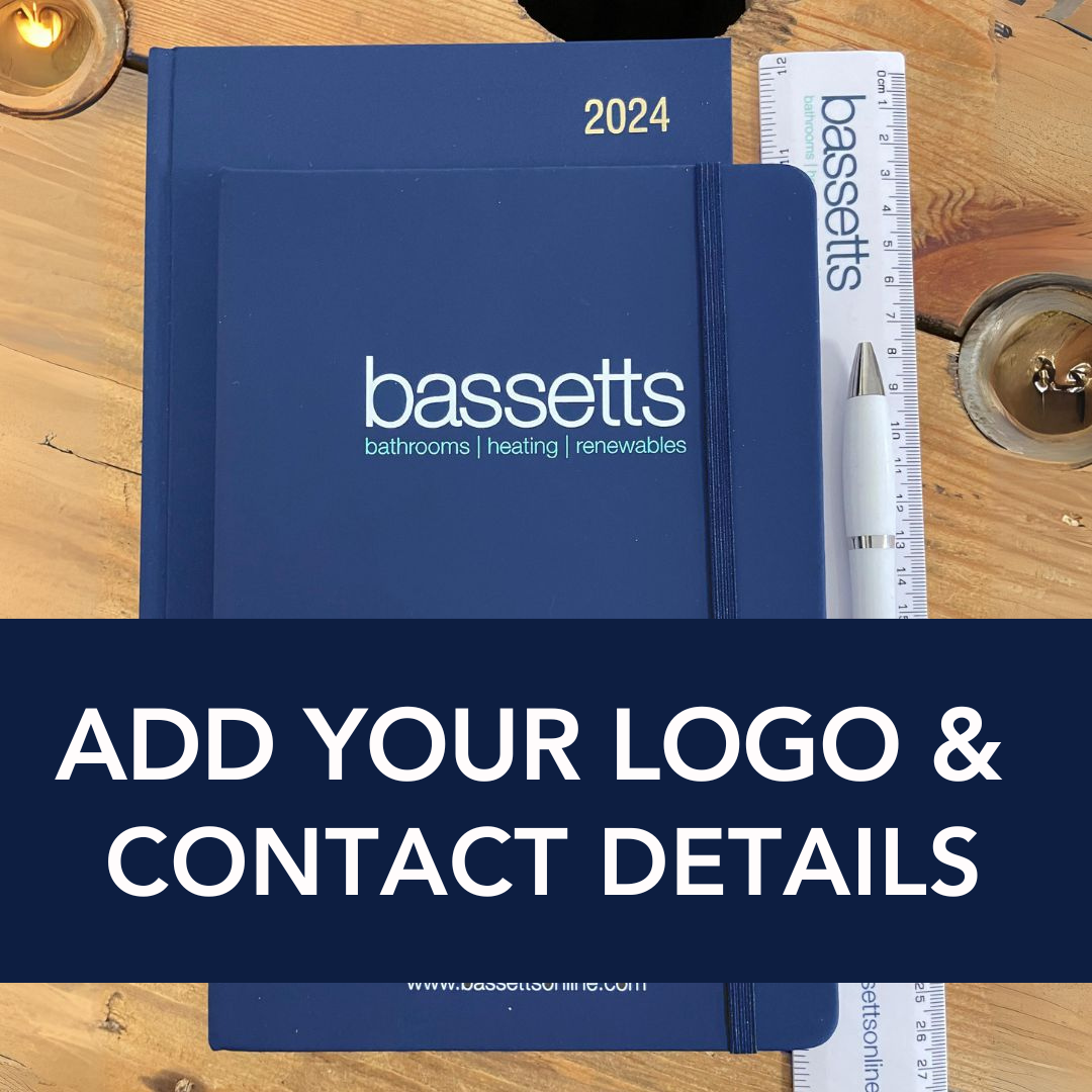 Blue Notebook with a blue ribbon, printed with a UV printed logo for Bassetts. Together with a diary and Printed Ruler