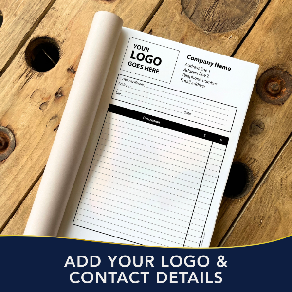 Invoice Book on a wooden table, with text 'ADD YOUR LOGO and CONTACT DETAILS' at the bottom.