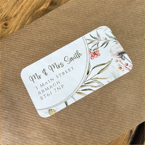 Wedding Address Labels with a floral design, on a kraft envelop