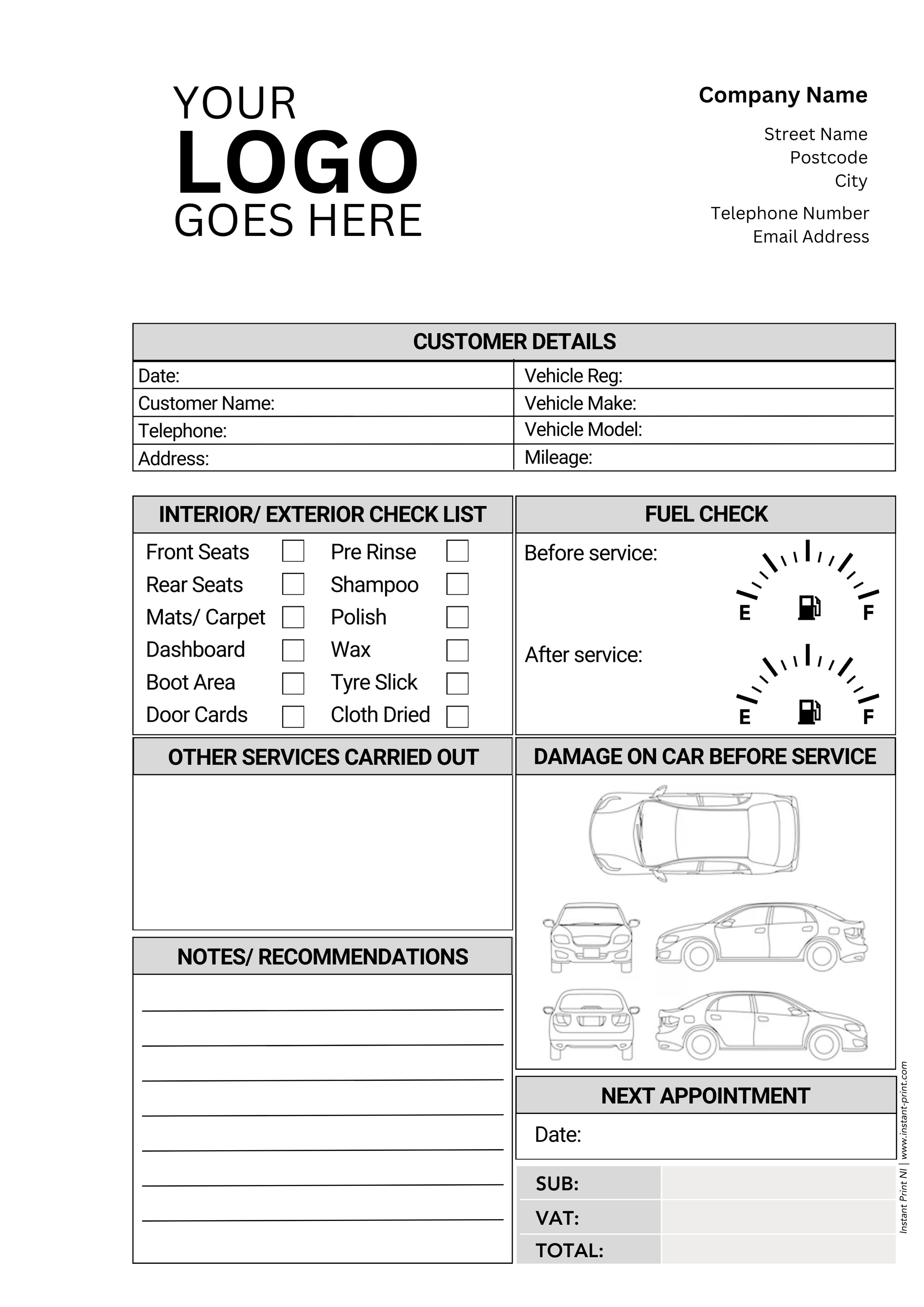Car Valeting Sheet