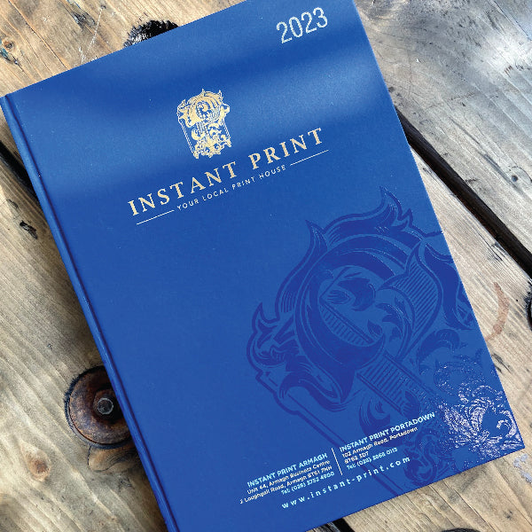 Navy A4 Diary UV printed for Instant Print Armagh and Portadown with the logo and contact details