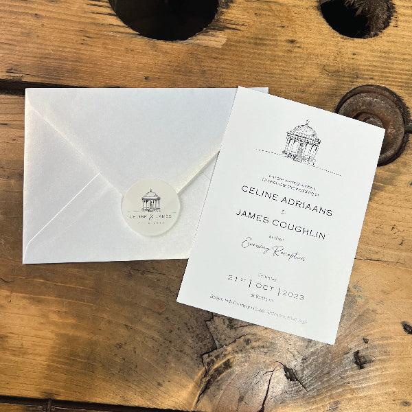 Evening Invitations, with the Mussenden Temple. Printed on 350g Silk Premium Card, together with an envelop and a matching sticker.