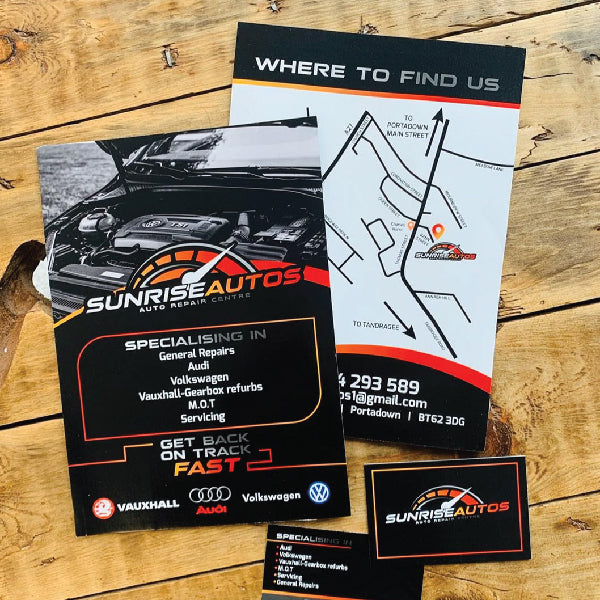 Business Stationery for Sunrise Autos, with a double sided A5 flyer and double sided matt lamination business card