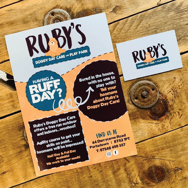 Business Stationery for Ruby's Doggy Day Car, with an A5 flyer and business card