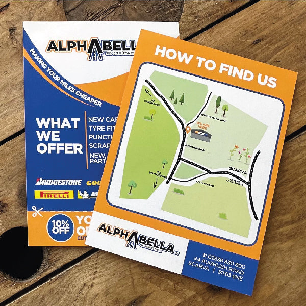 Colourful A5 Leaflets for Alphabella, printed double sided on 150gr Silk Premium Card