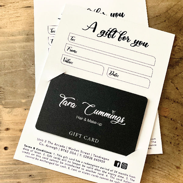 Close up of Gift Cards, printed by UV printed, presented in a gift holder.