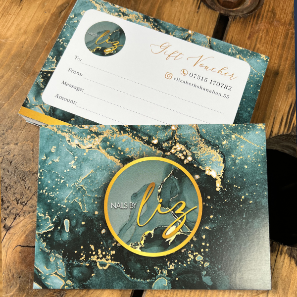 Green and gold gift voucher for Nails by Liz