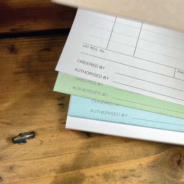 Triplicate Invoice Book | Upload your Artwork, showing white, green and blue sheet