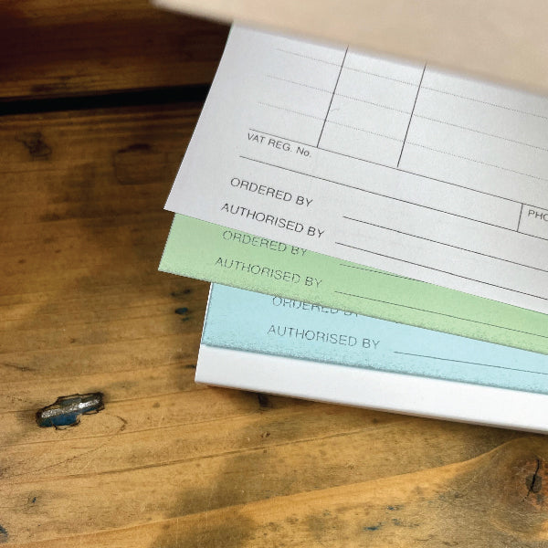 Triplicate Invoice Book | Upload your Artwork, showing white, green and blue sheet