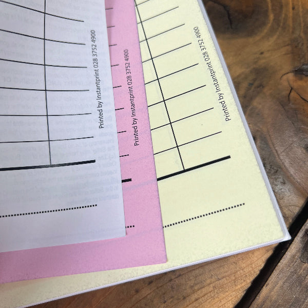 Invoice Book | Upload your Artwork, showing the Triplicate Sheets; white, pink and yellow