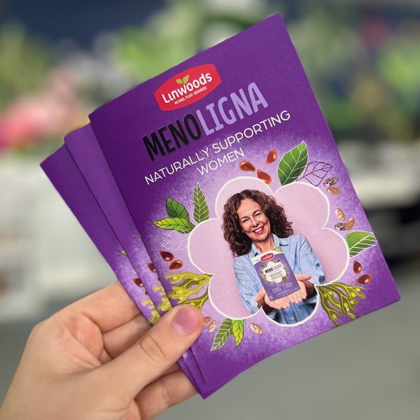 Purple Trifold leaflets with a woman holding a product, branded 'Linwoods Menoligna', against a blurred outdoor background.