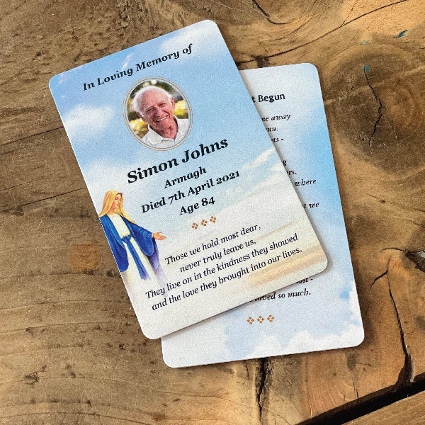 UV Printed Memorial Cards, printed double sided with details on the front and a verse on the back