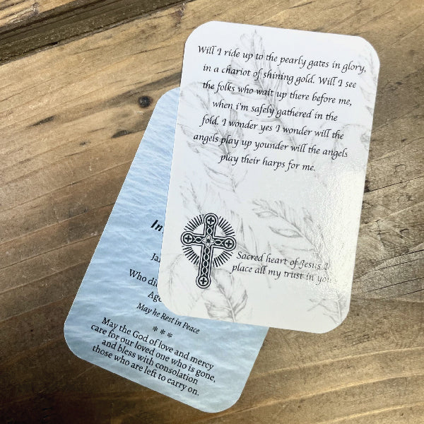 Gloss Laminated Memorial Wallet Cards with rounded corners, printed double sided.