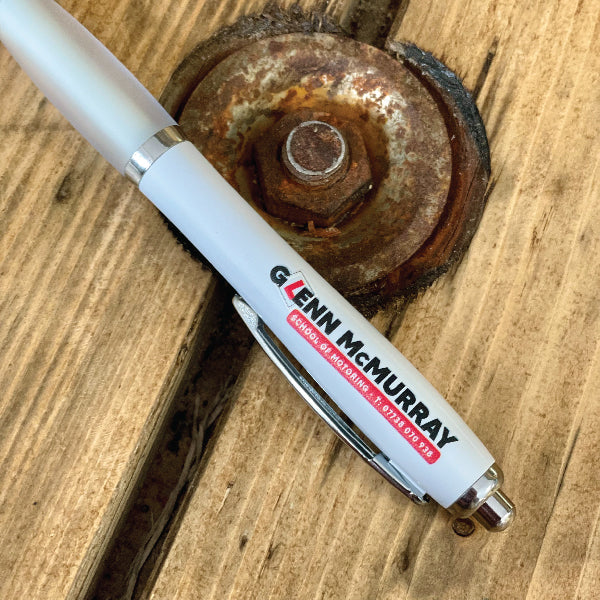 Pen with a White Tip, UV printed with Logo of Glen McMurray School of Motoring