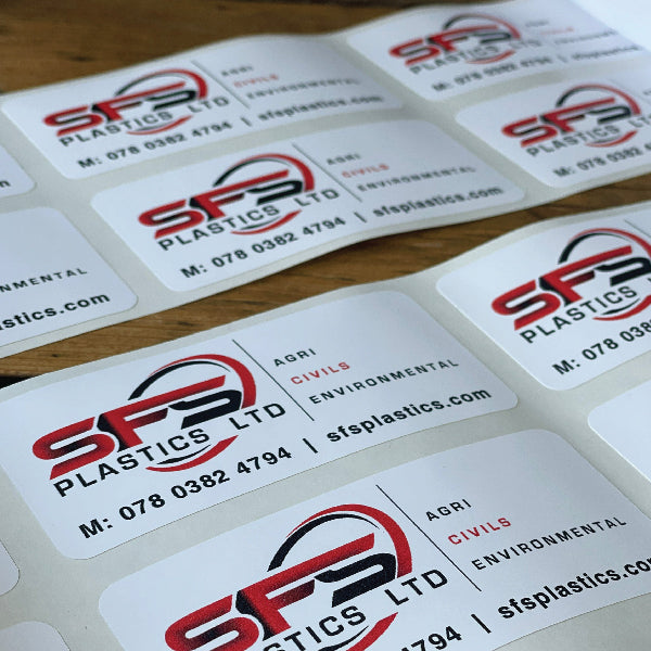 Rectangle Stickers with SFS Logo and contact details.