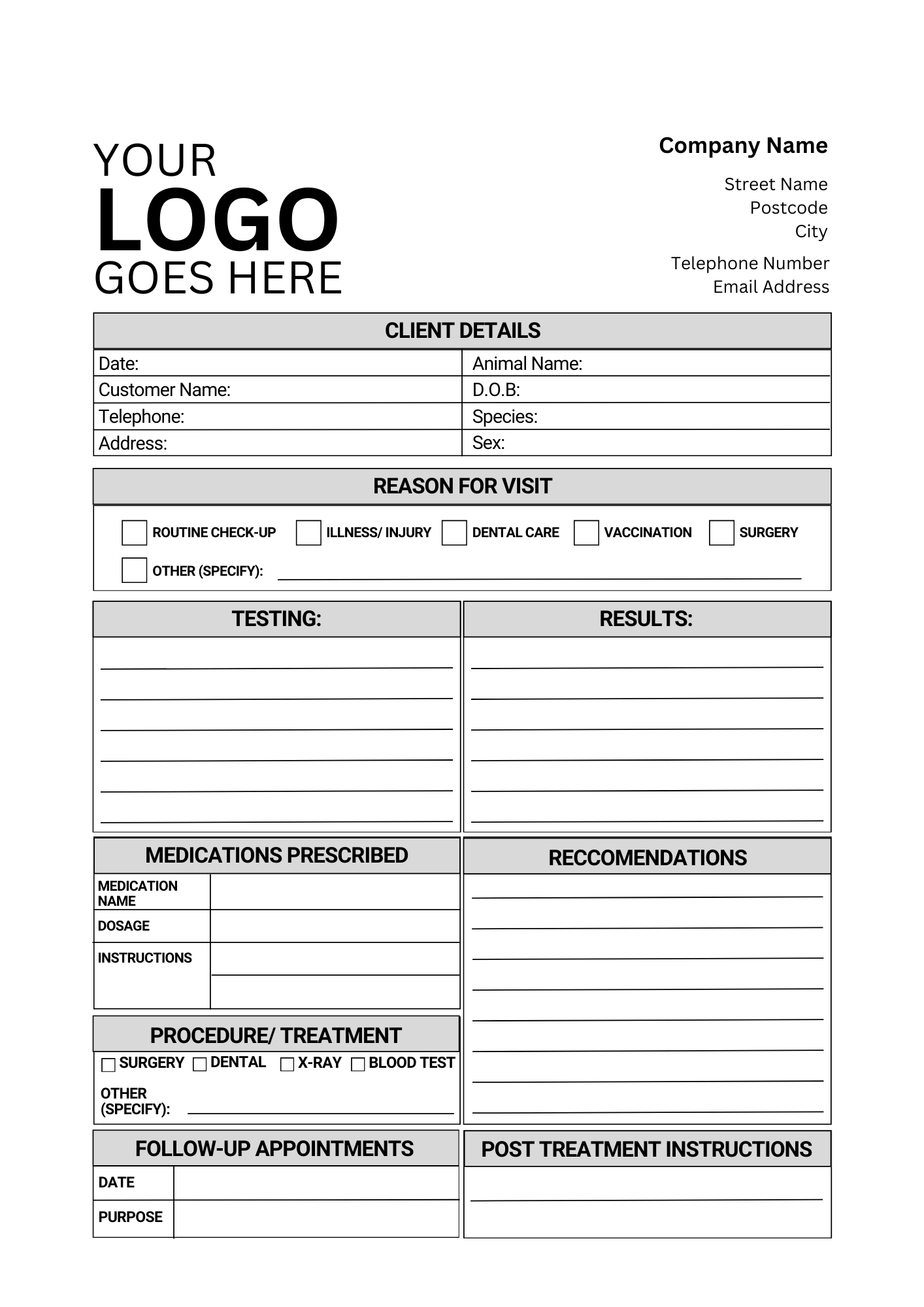 veterinary treatment sheet