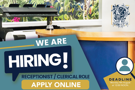 Job advertisement for receptionist/clerical role with 'We Are Hiring!' text on a desk.