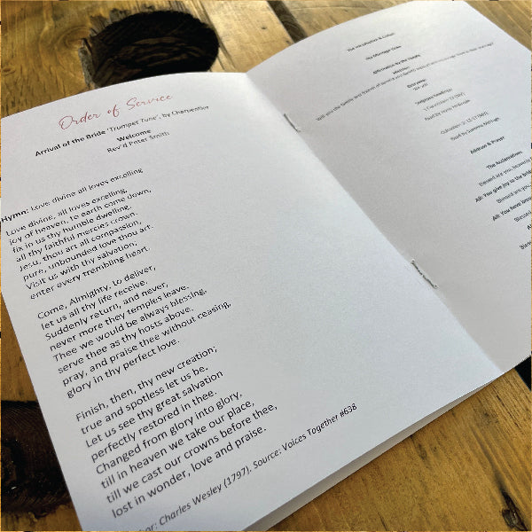 Stapled Order of Service Booklet, folded open so you can see the details on the inside