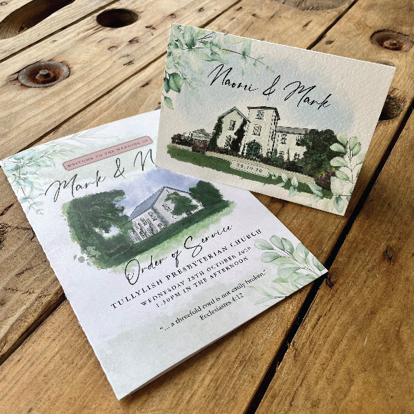 A5 Order of Service Booklet, with a cover printed on Textured Card. Together with a matching wedding invitation
