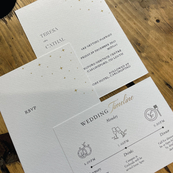 Contemporary and Minimalistic Wedding Invitation, printed on Textured Tintoretto Gesso Card, with an RSVP Card and a wedding Timeline Card.
