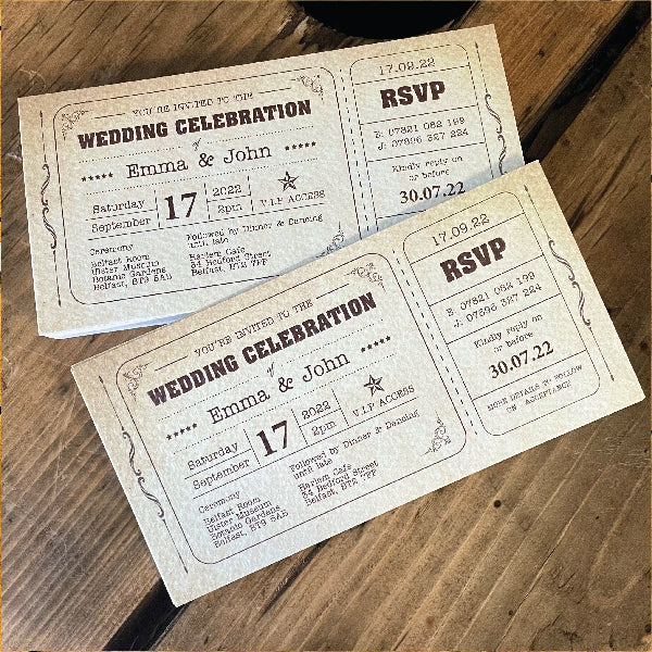Textured Wedding Invitation with a Vintage Design, presented as a ticket with an tear-off RSVP Card