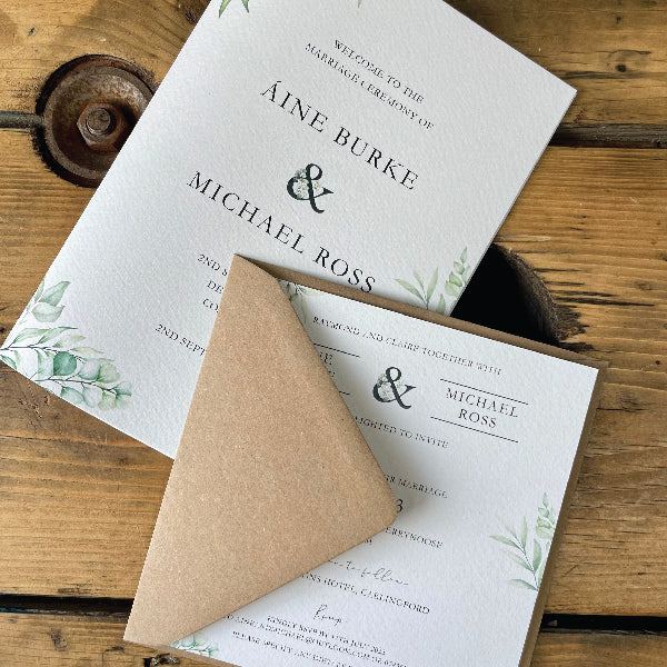 Textured Wedding Invitation and Order of Service Booklet with Greenery and Leafs