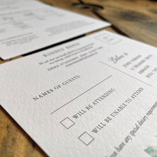 Upclose detail of a Wedding RSVP Card on Texturised Tinteretto Gesso.