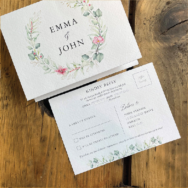 Tear-Off Wedding RSVP Card, pictured with a Z-fold Wedding Invitation, with a floral design. Printed on Texture Tinteretto Gesso