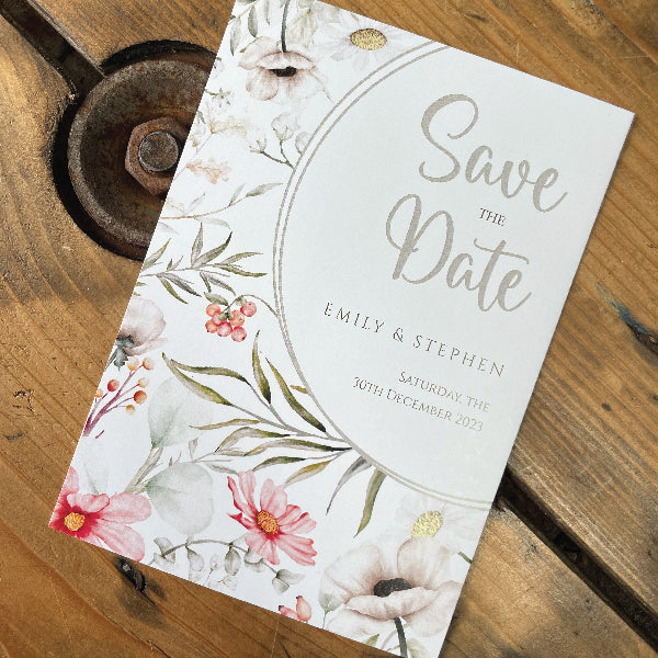 Wedding Save The Date Card with a floral design of greens and pinks, printed on a Textured Tintoretto Gesso Card.