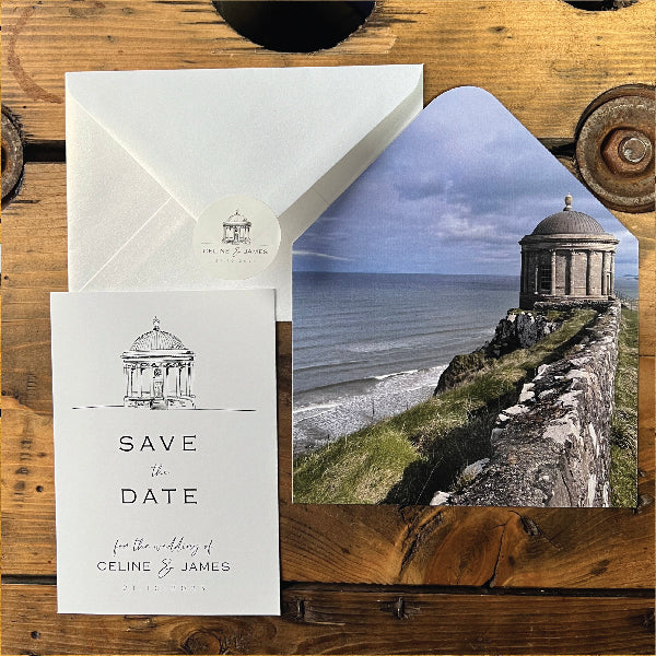 Save the Date Card printed on 350g Premium Silk Card, together with an envelop liner of the Mussenden Temple, Co Down.