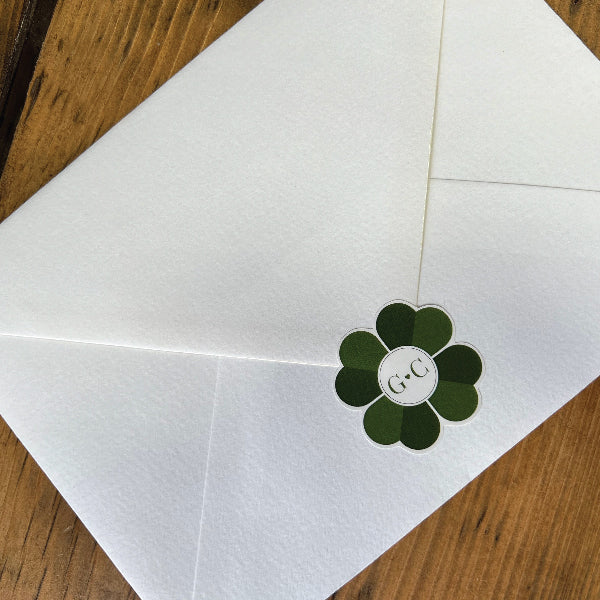 Green Wedding Sticker with the initials G&C, in the shape of a Clover
