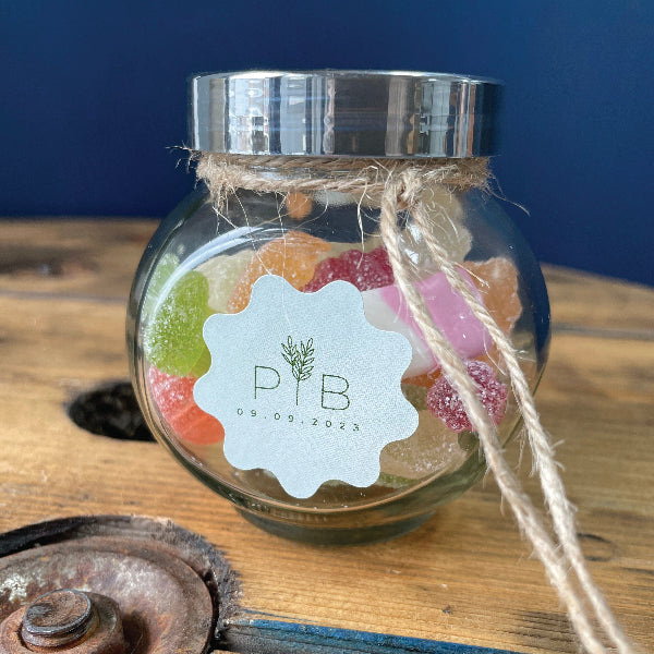 Light Green Custom Shape Stickers, with the initials PB, on a sweets Jar, as a Wedding Favour