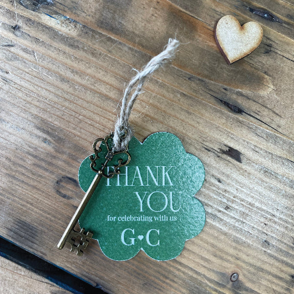 Green Wedding Gift Tag in the shape of a Clover, attached to a vintage key.