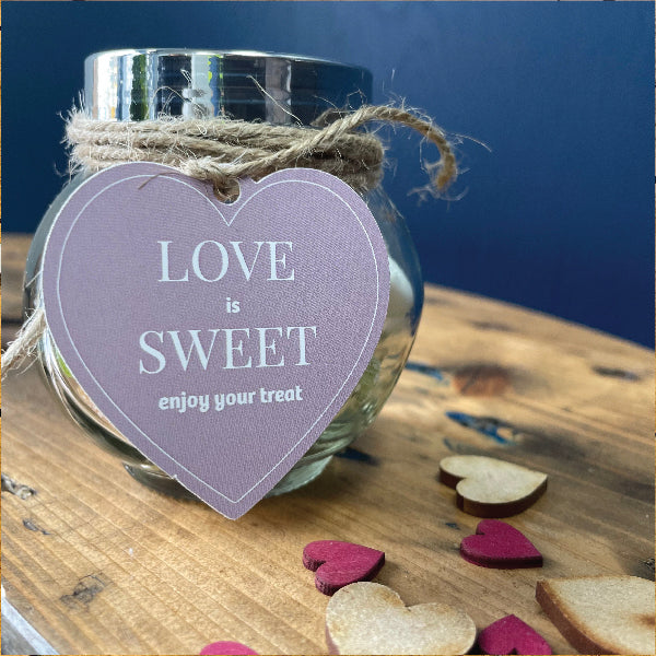 "Love is Sweet, enjoy you Treat" Heart Shaped Gift Tag, attached to a sweety jar, as a wedding favour. 