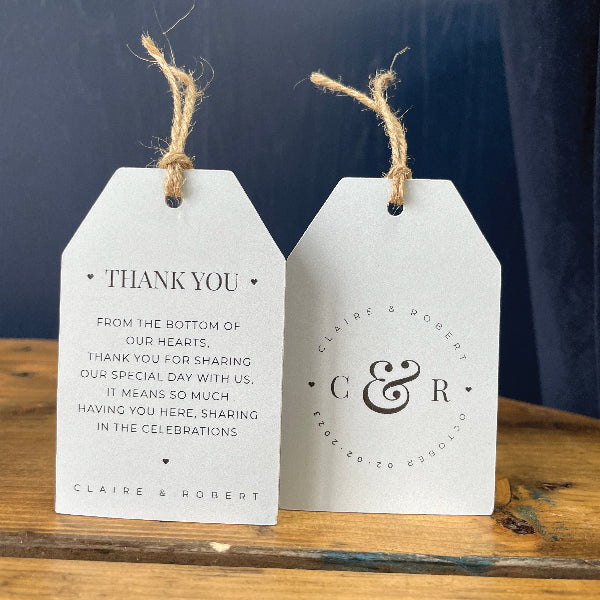 Small Light Blue Double Sided Gift Tag, with a Thank you message on the front and initials on the back.