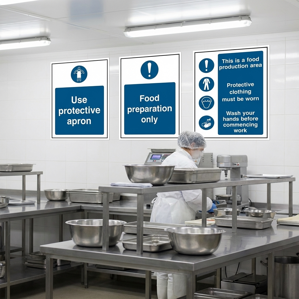 food kitchen with three safety signs on the wall