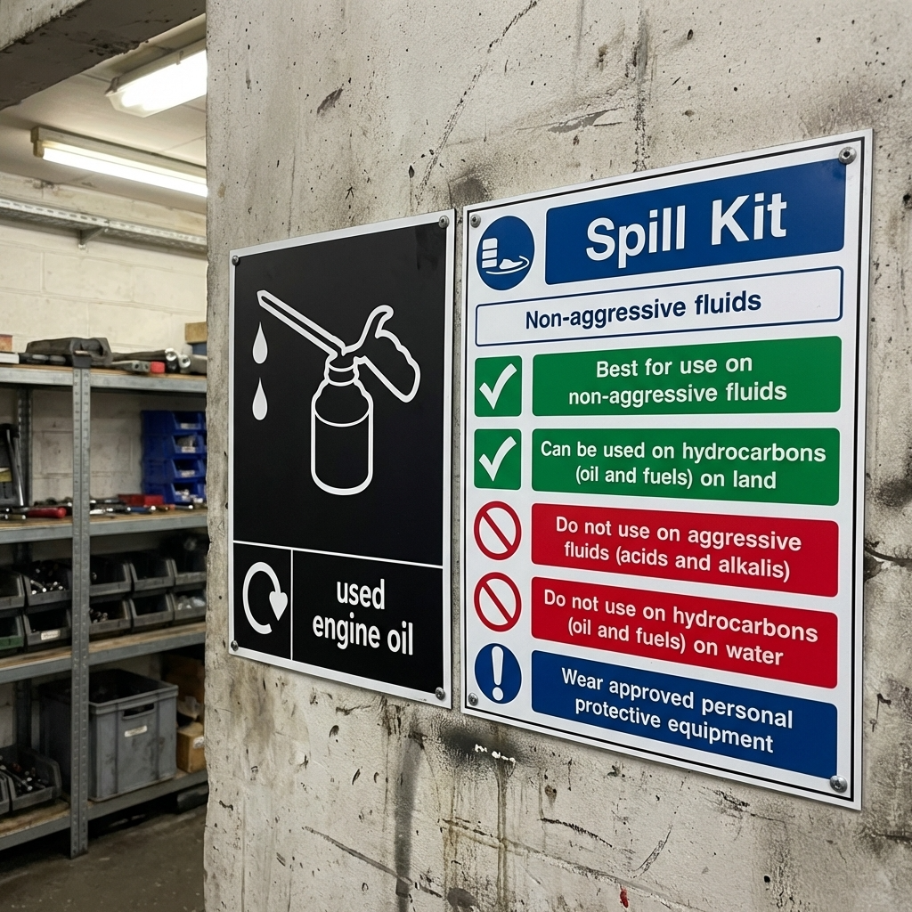 Spill Kit Sign and Used Engine Oil mounted on a wall in a garage.