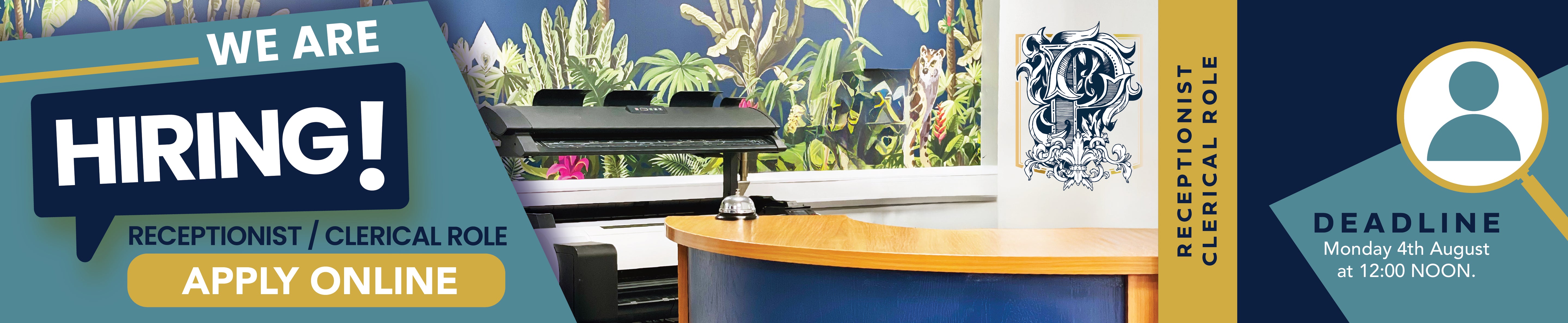 Job posting banner for a receptionist/clerical role with contact information.