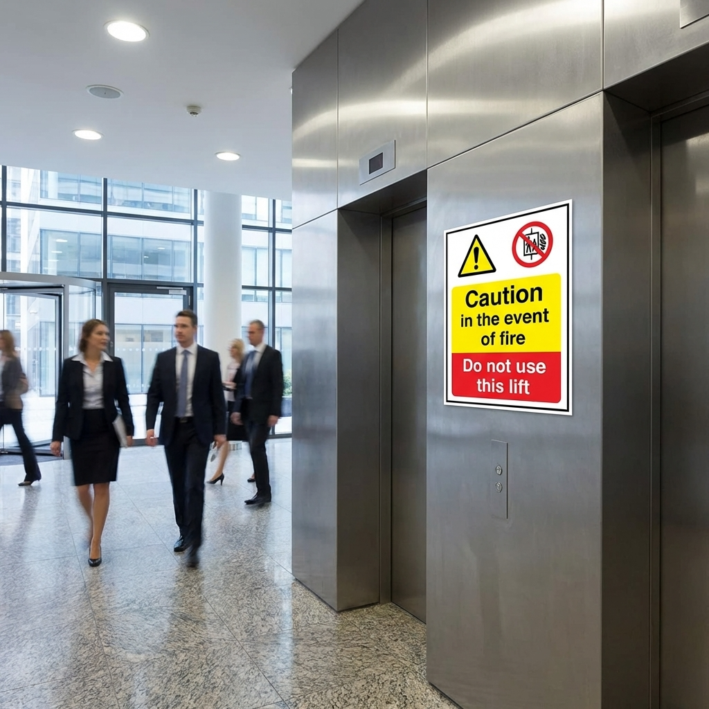 Sign on a Lift stating caution in the event of fire.