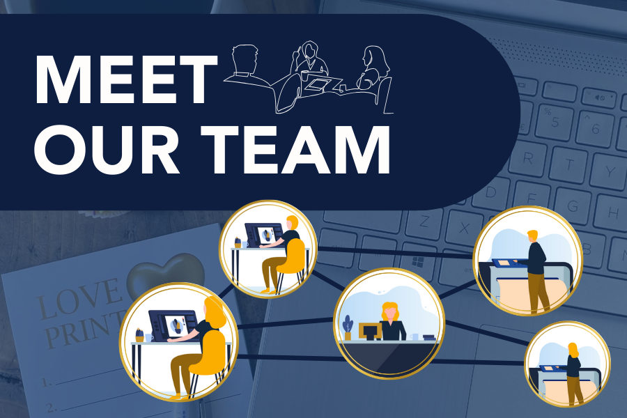 Meet our Team Website banner with icons of a print finisher, graphic designer and front of house.