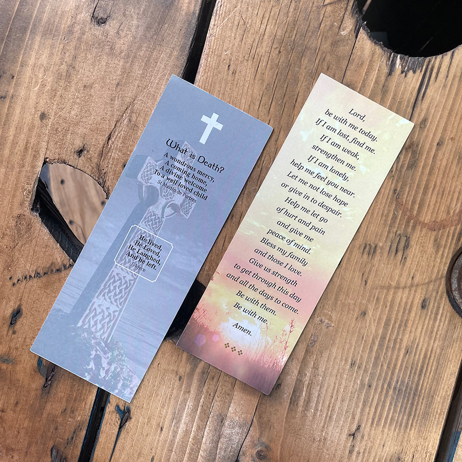Memorial Bookmarkers, with a verse on the back and details on the front. Matt laminated.