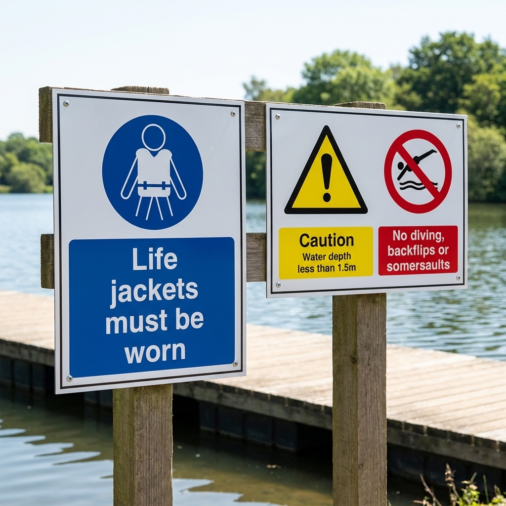 Safety signs at a dock warning about life jackets, water depth, and diving rules.