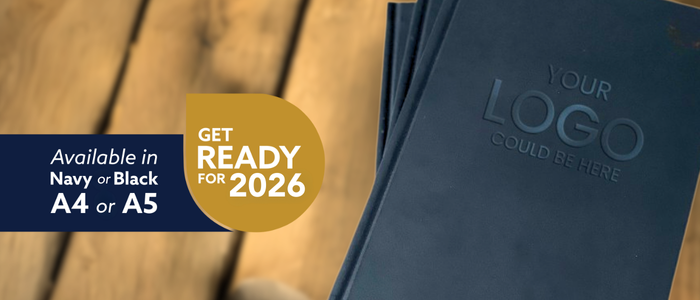 Black customisable 2026 diary on wooden table with text on image