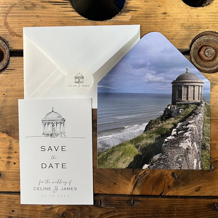 Wedding Save the Date, Pearlised envelop with custom sticker and personalised envelop liner