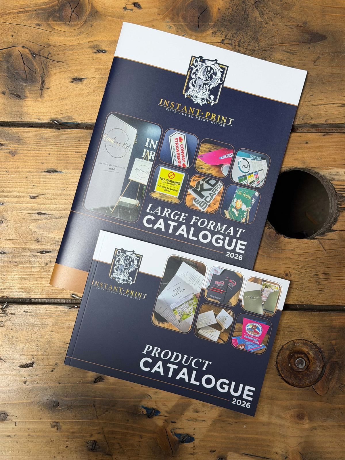 Instant Print Catalogue on a wooden table.