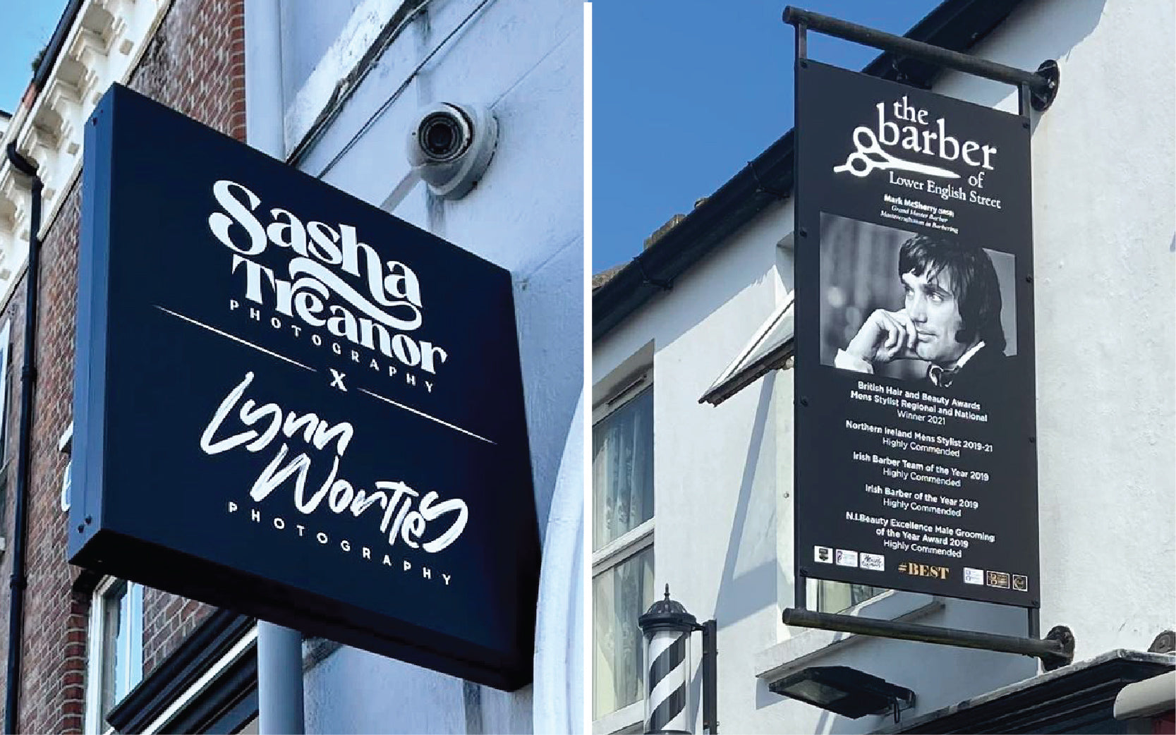 Two different Signage; one for Sasha Treanor and Lynn Wortley and a Banner Sign for the Barber