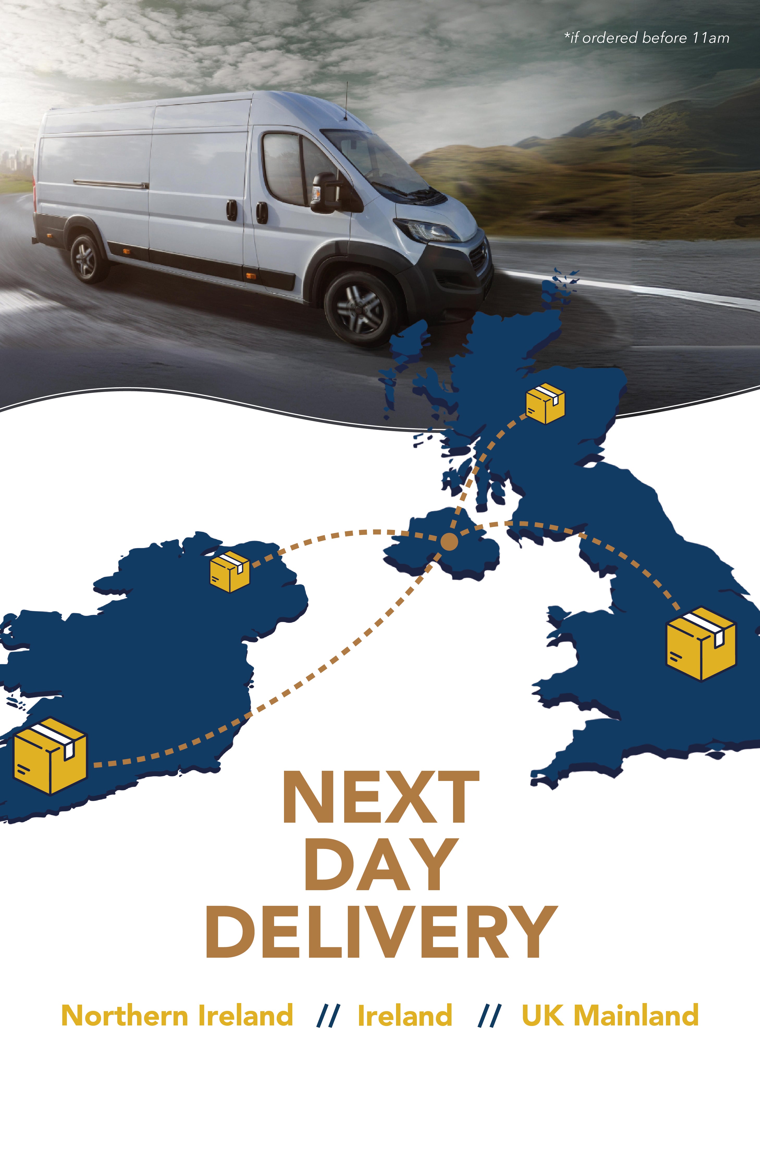 Van on a road with a map of the UK showing delivery routes, labeled 'Next Day Delivery'.