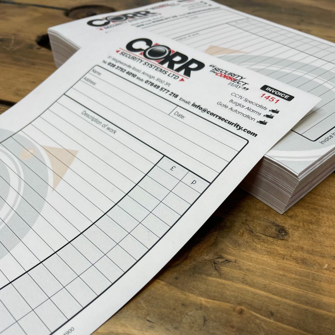 Duplicate NCR Set, with logo, contact details and numbered, perfect for invoice set.