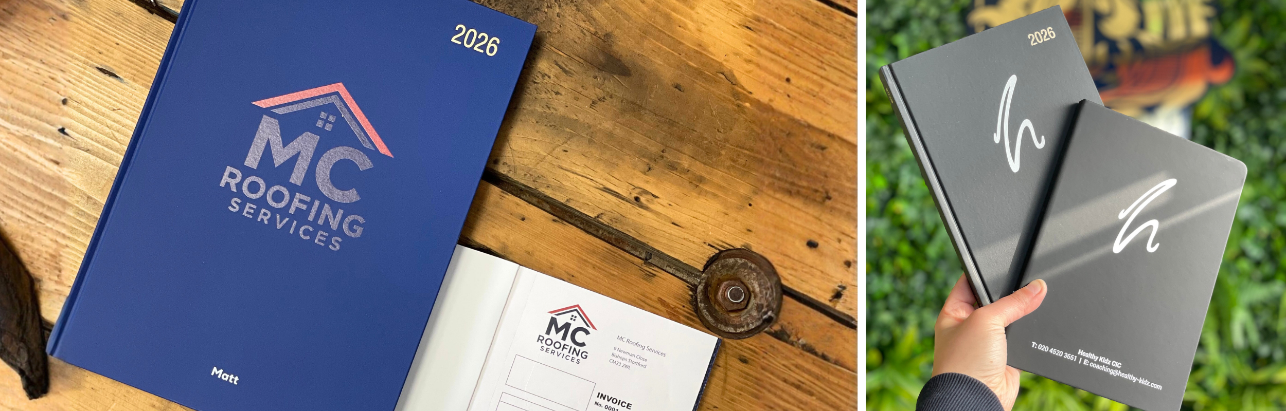 Blue 2026 diary with MC Roofing Services branding on a wooden surface alongside a matching invoice book,  followed by a hand holding a black notebook and diary with a logo.